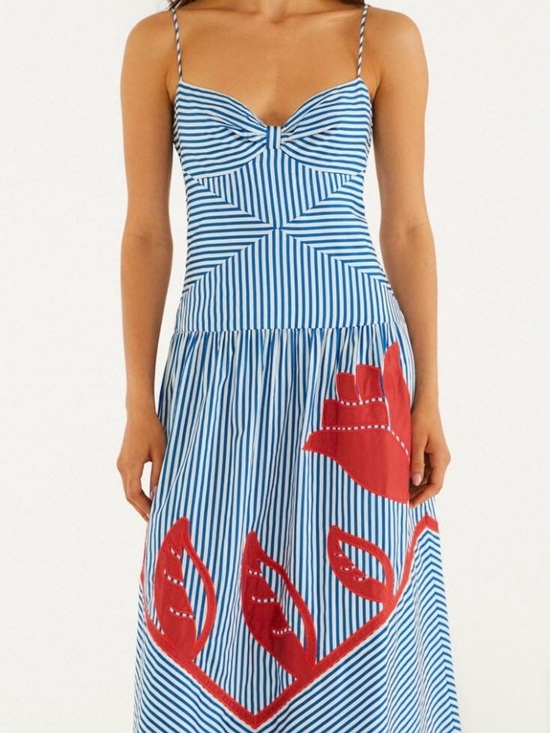 FARM Rio Dresses & Skirts - FARM Rio Blue Sky & White Striped Sundress with Red Floral Appliqué | M | NWT